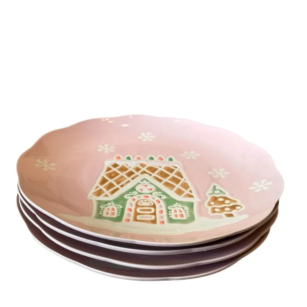 4pc Eli + Ana PINK GINGERBREAD HOUSE Dinner Plates 10.5in Ceramic Pinkmas NEW